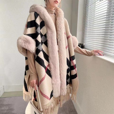 Plaid And Fleece Cape Cloak -Imitation Fur